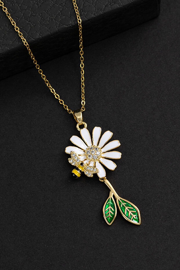 Bee Detailed Stone Daisy Steel Necklace