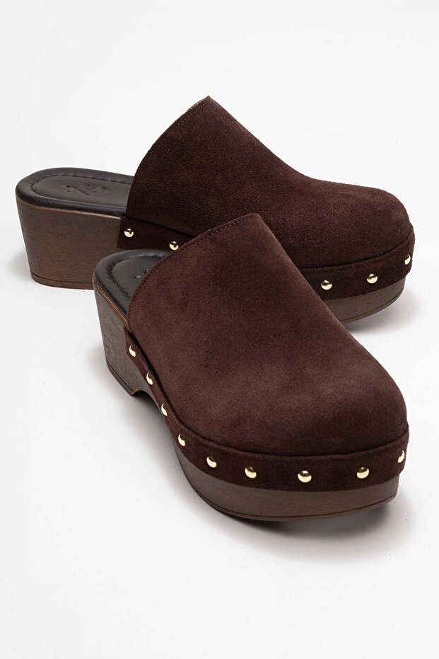 Serviola women's genuine leather clog sandals - coffee suede