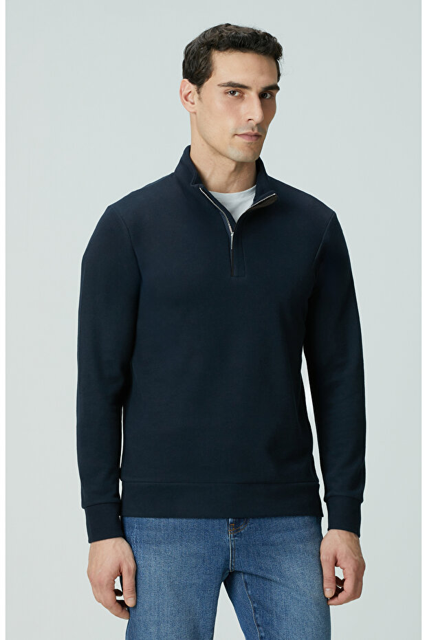 Lacivert Süet Garnili Sweatshirt - 1