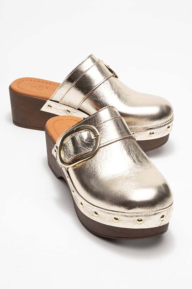Sylive Women's Genuine Leather Clogs Slippers Gold