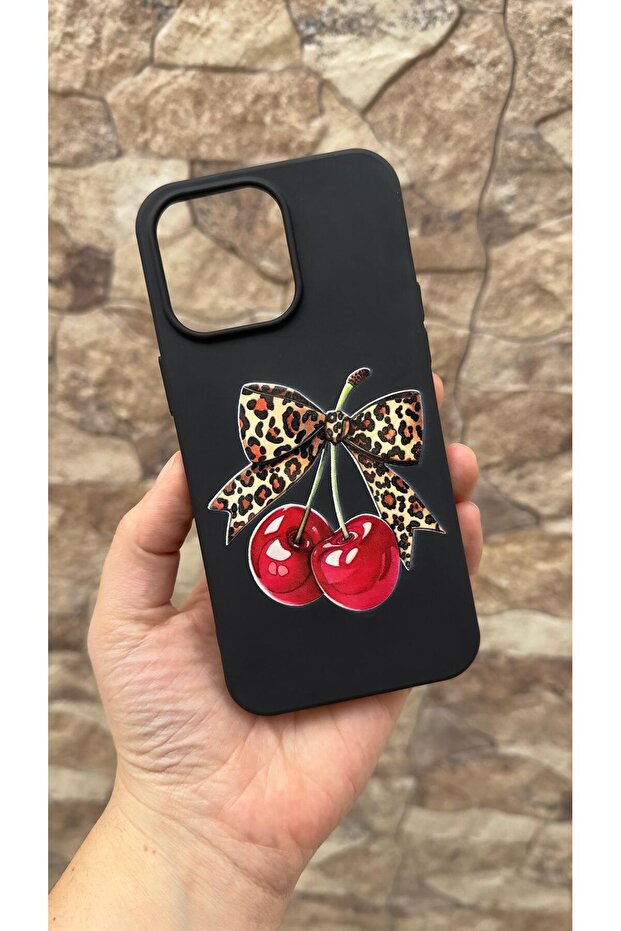 غطاء حماية مطاطي متوافق مع آيفون 16 برو ماكس بنمط الفهد وتصميم فيونكة الكرز، مصنوع من السيليكون الماص للصدمات - 1