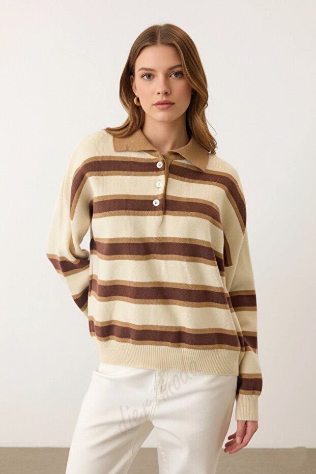 Ecru Striped Buttoned Polo Neck Women's Knitwear Sweater, Women's Sweater Fmoda2280