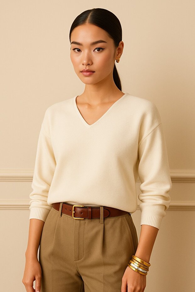 V-Neck Soft Texture Knitwear Sweater-26K74051-Ekru-16