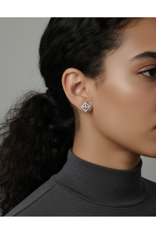 Zircon Stone Star Motif Square Women's Earrings | Bright Silver Color – Stylish and Modern