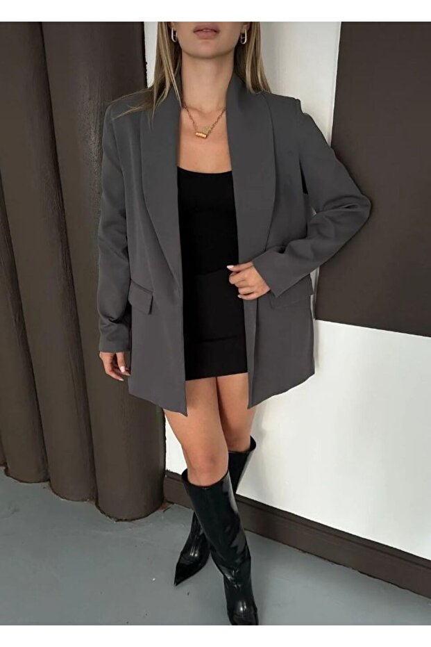 Leopard Patterned Sleeve Detailed Buttonless Blazer Jacket - 3