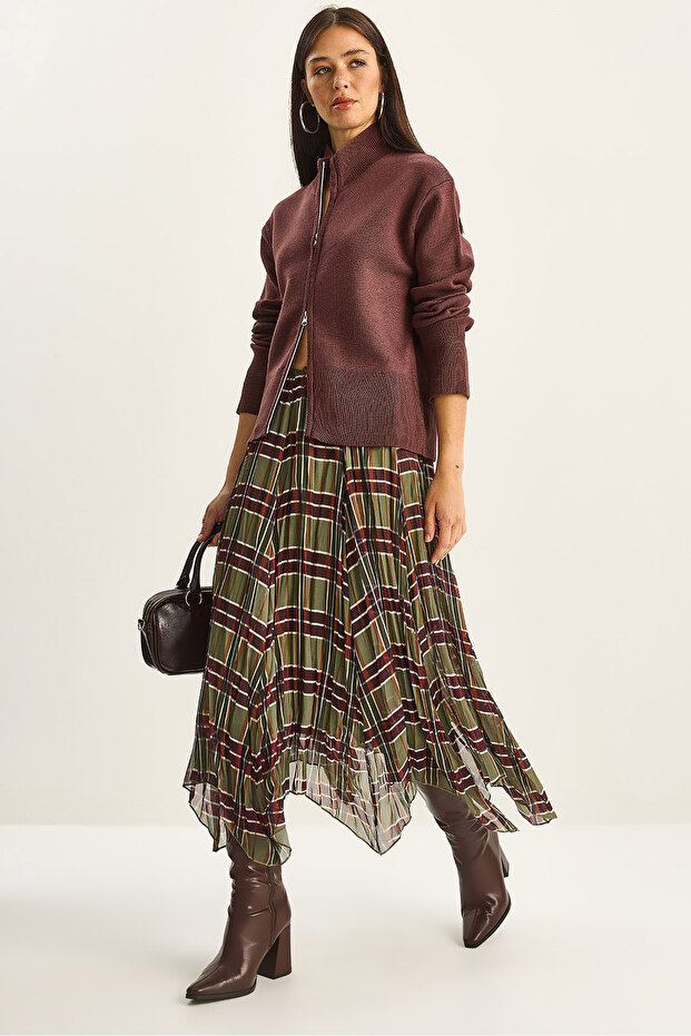 Women's Green Plaid Patterned Wrinkled Effect Lined Midi Chiffon Skirt De251105 60283760