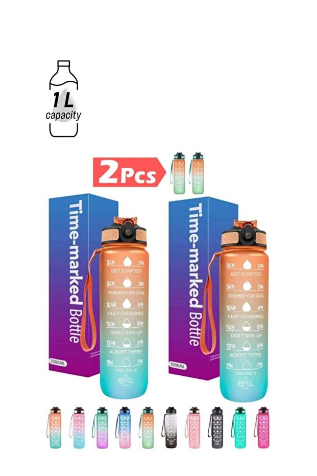 2Pcs Sport Water Bottle 1L (32oz) with Time Marker & Straw, Tritan BPA Free