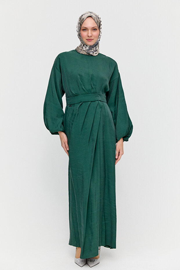 Drape Detaylı Jakarlı Elbise - 1