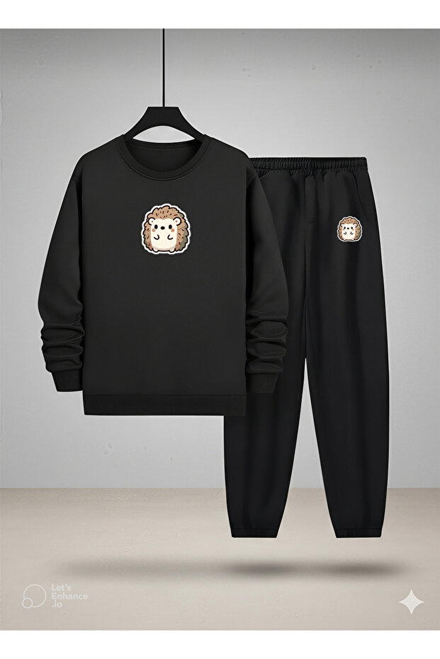 Children's Crew Neck Sweatshirt and Sweatpants Set Tatli Ki̇rpi̇ Ba Printed Threaded Ribbed