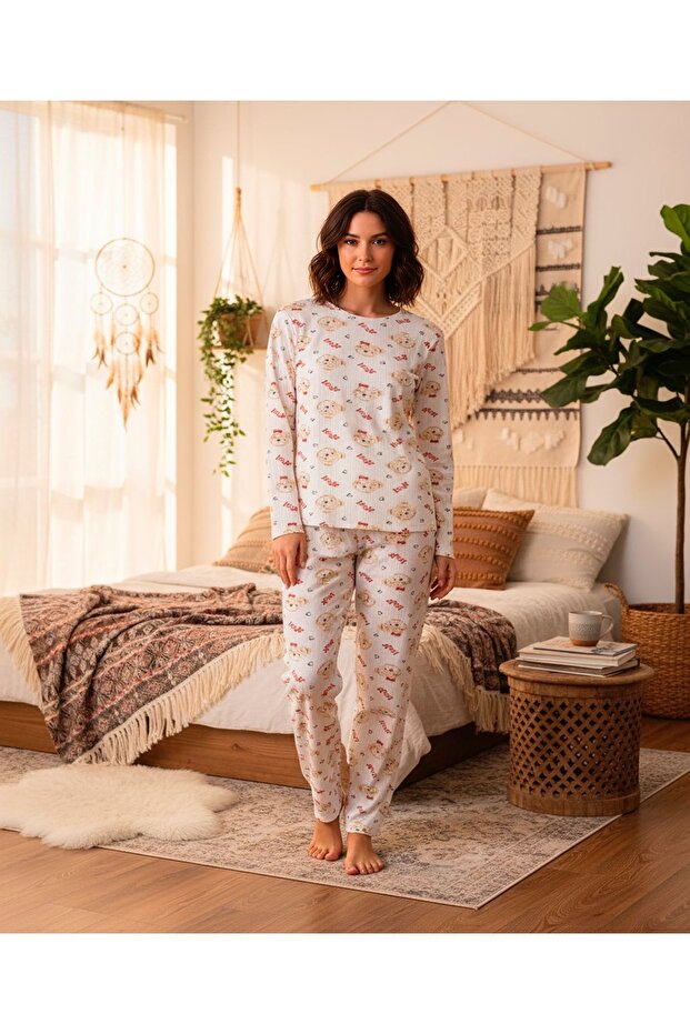 طقم بيجامة إنترلوك مع تقرير مطبوع - نمط الدب الصغير - 1