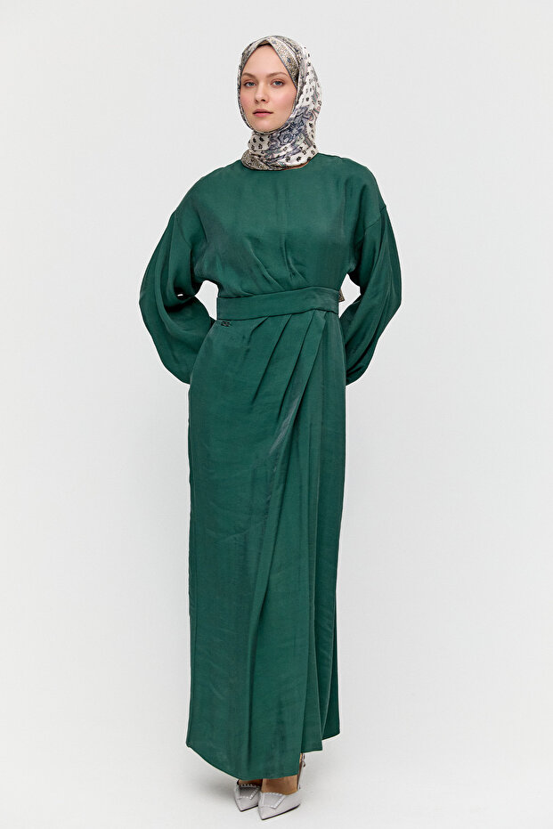 Drape Detaylı Jakarlı Elbise - 2