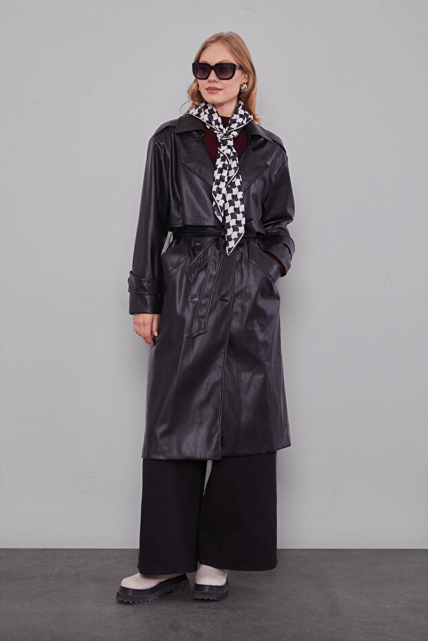 Black Midi Length Belted Leather Trench Coat