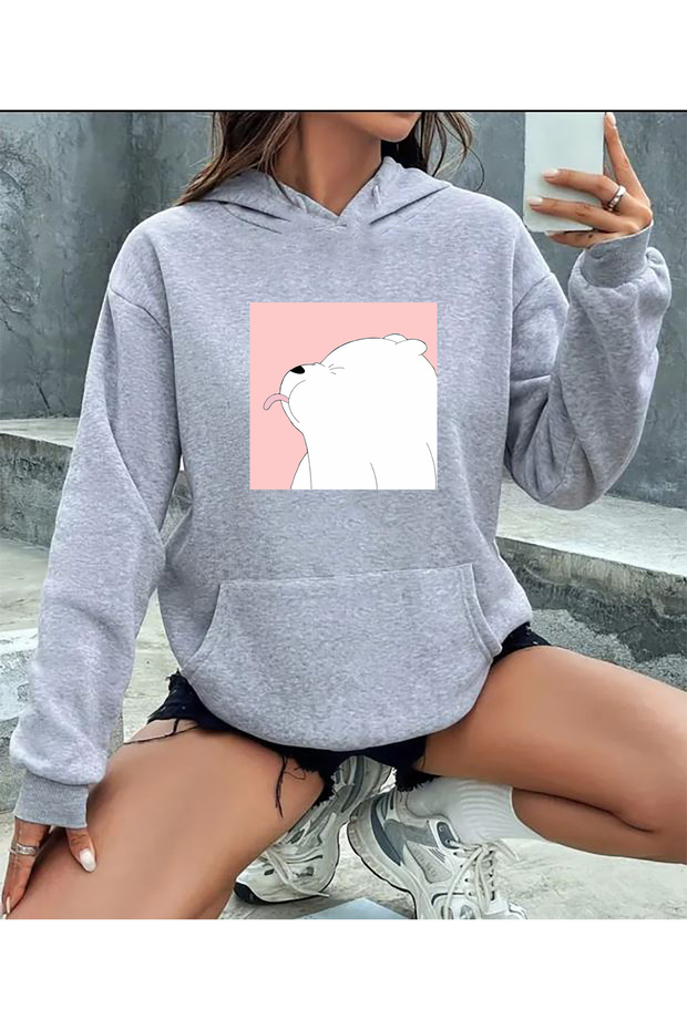 Cute Panda Print Detailed Hooded Sweatshirt Gray