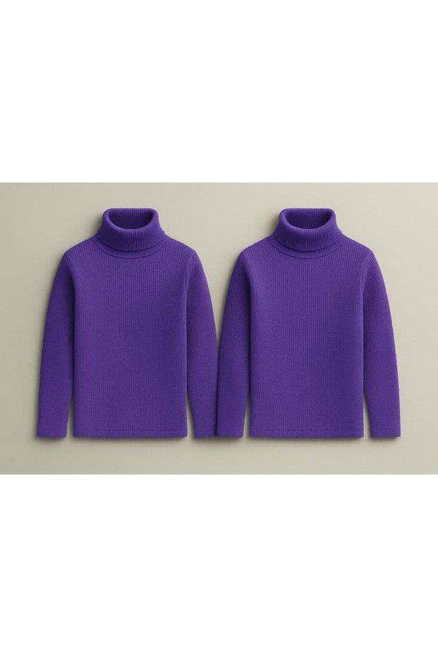 Unisex Children's Long Sleeve Full Turtleneck Corded Fabric Kaskorse Cotton Sweater Body 2Pcs Purple