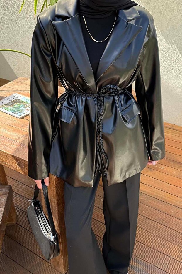 Oversize Deri Ceket Siyah - 3