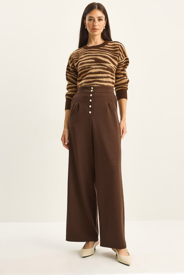 Women's Brown Gold Button Detailed Pleated High Waist Palazzo Trousers 60282038
