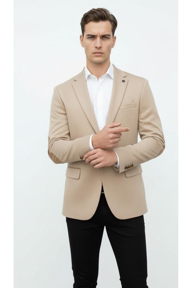 Beige Men's Italian Fit Blazer Jacket – Sleeve Patched, Slim Fit, Stylish and Modern Design - 1