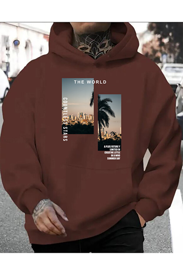 The World Print Detailed Hooded Sweatshirt Brown