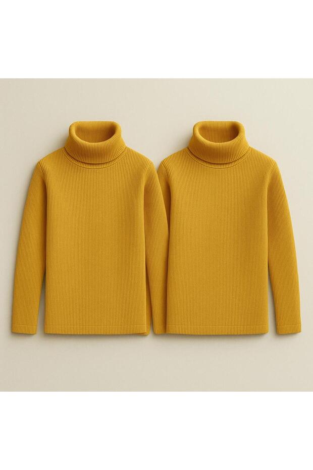 Unisex Children's Long Sleeve Full Turtleneck Corded Fabric Kaskorse Cotton Sweater Body Mustard