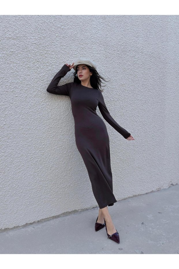 Women's Coffee Modal Fabric Slim Fit Long Dress 30073