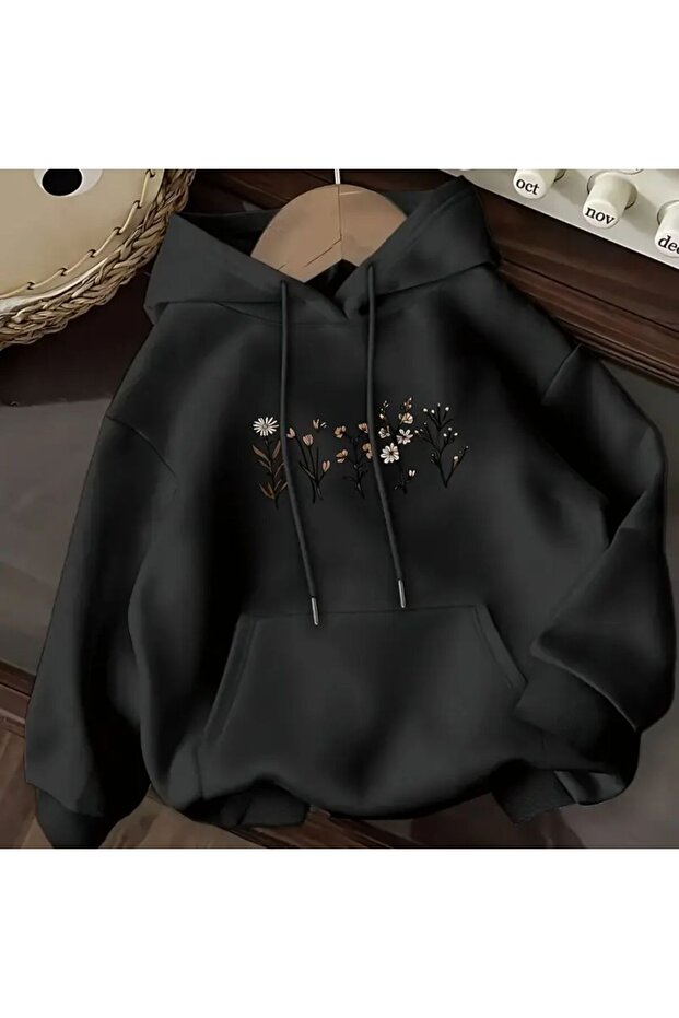 Lavender Print Detailed Hooded Sweatshirt Black