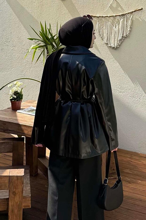 Oversize Deri Ceket Siyah - 4