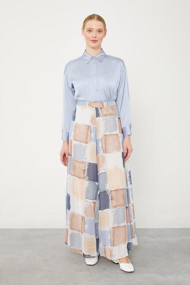 Indigo Square Pattern Wide Leg Pants - 3