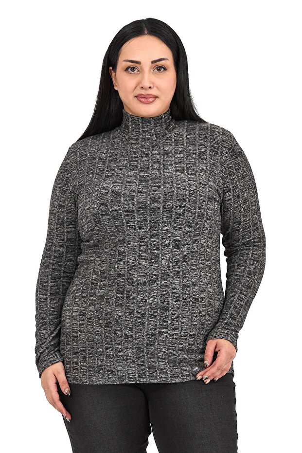 Plus Size Half Fisherman Long Sleeve Knitwear Striped Black Bodysuit