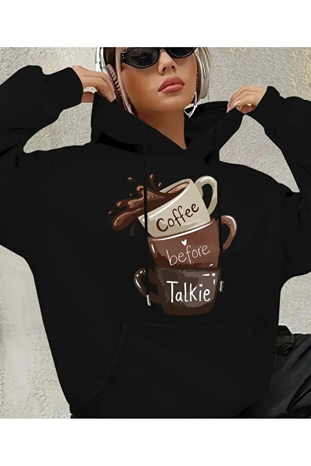 Coffe Print Detailed Hooded Sweatshirt Black