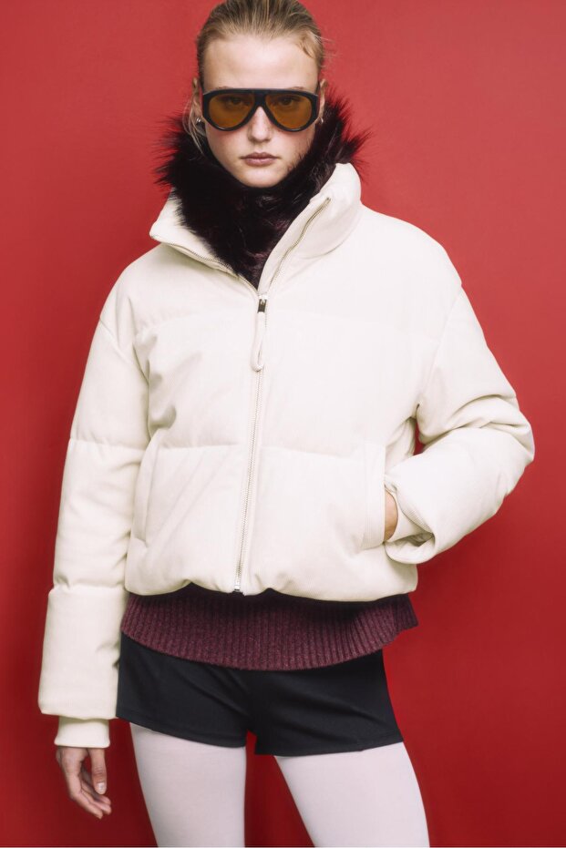 Fitilli kadife şişme mont - 1