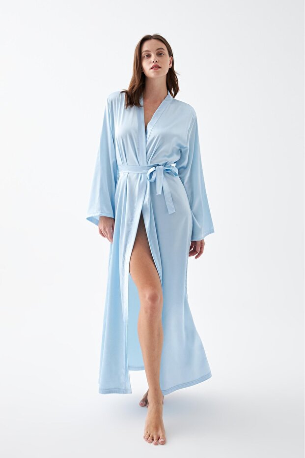 Women's Long Blue Satin Dressing Gown