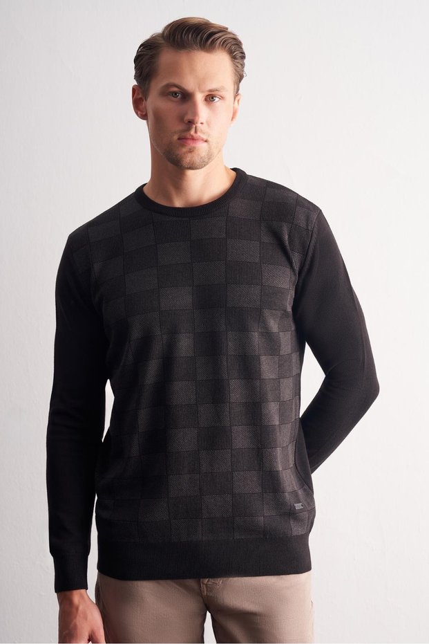 Black Crew Neck Long Sleeve Pocketless Comfort Fit Cotton Knitwear Sweater 1012255221