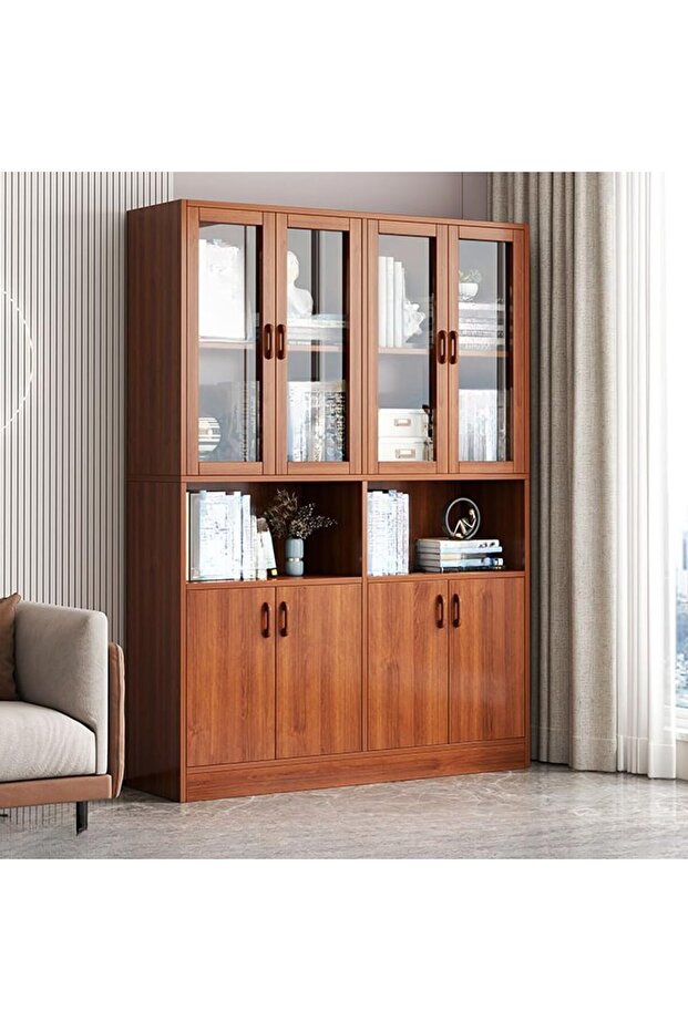 Large Wooden Bookcase with Glass Doors & Lower Cabinet Storage | 3-Section Display Shelf Unit for Living Room, Office & Study – Walnut Brown