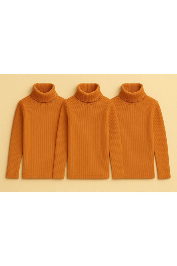 Unisex Children's Long Sleeve Full Turtleneck Corded Fabric Kaskorse Cotton Sweater Body 3Pcs Orange