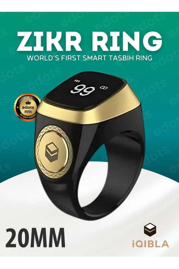 Smart Zikr Ring 20MM - Digital Tasbih Counter, Prayer Reminder, Waterproof, Black & Gold