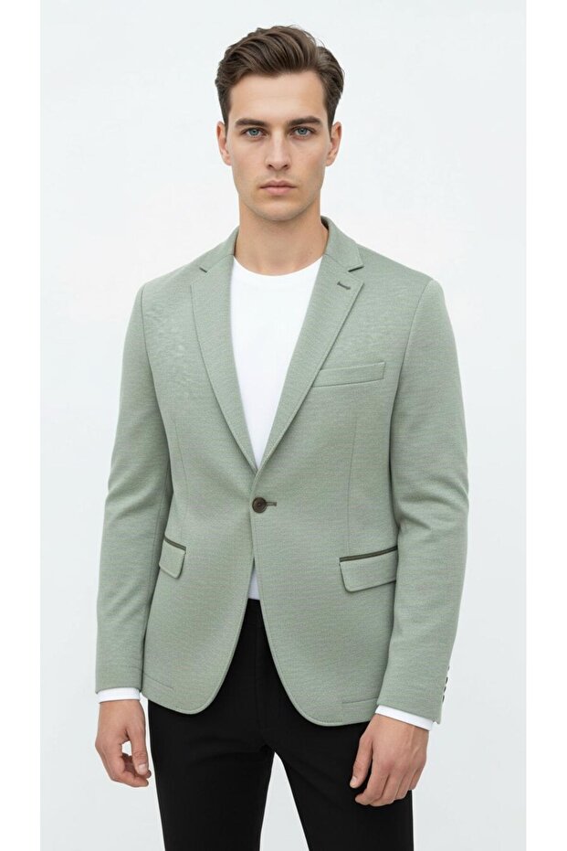 Khaki Men's Italian Cut Blazer Jacket – Sleeve Patched, S Slim Fit Stylish and Modern Design