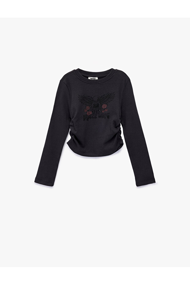 Stone Detailed Long Sleeve Crew Neck Gathered Cotton Printed T-Shirt
