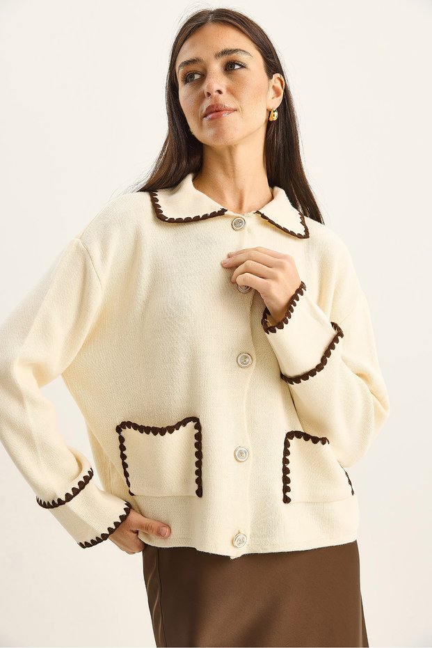 Women's Cream Polo Collar Pocket Detailed Shepherd Stitched Knitwear Cardigan 60285001