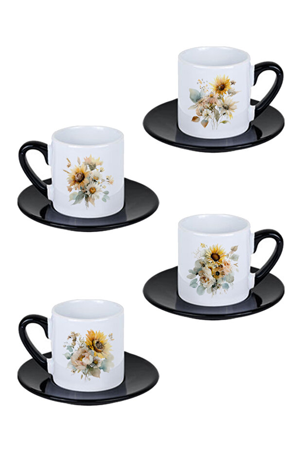 Autumn Flowers Printed 4-Piece Black Handle Porcelain Turkish Coffee Cup Set
