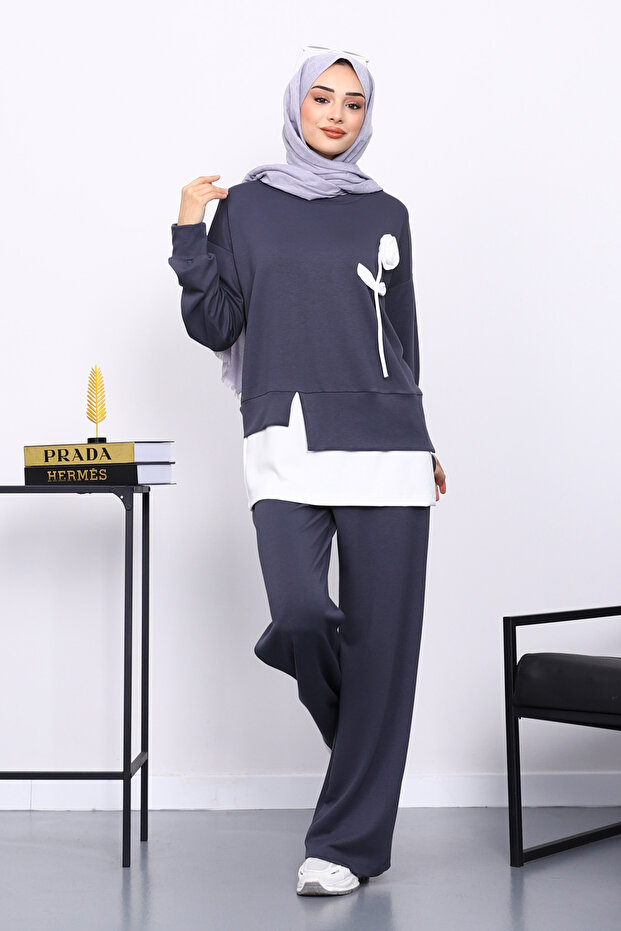 Smoked Crew Neck Rose Detailed Tunic Modal Set with Trousers