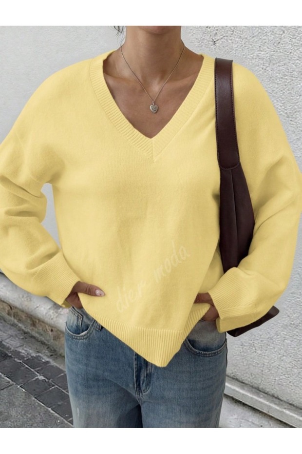 Pulover tricotat pentru femei, galben unt, cu decolteu în V, supradimensionat tricotaje, pulover tricotat Fmoda1970 - 7