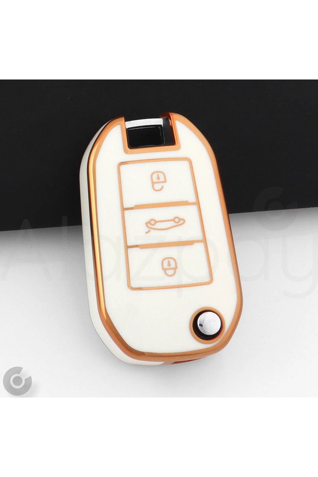 Peugeot Compatible 208, 301, 307, 308, 508, 2008, 3008, Partner Gold Edge Tpu Key Case Cover (White)