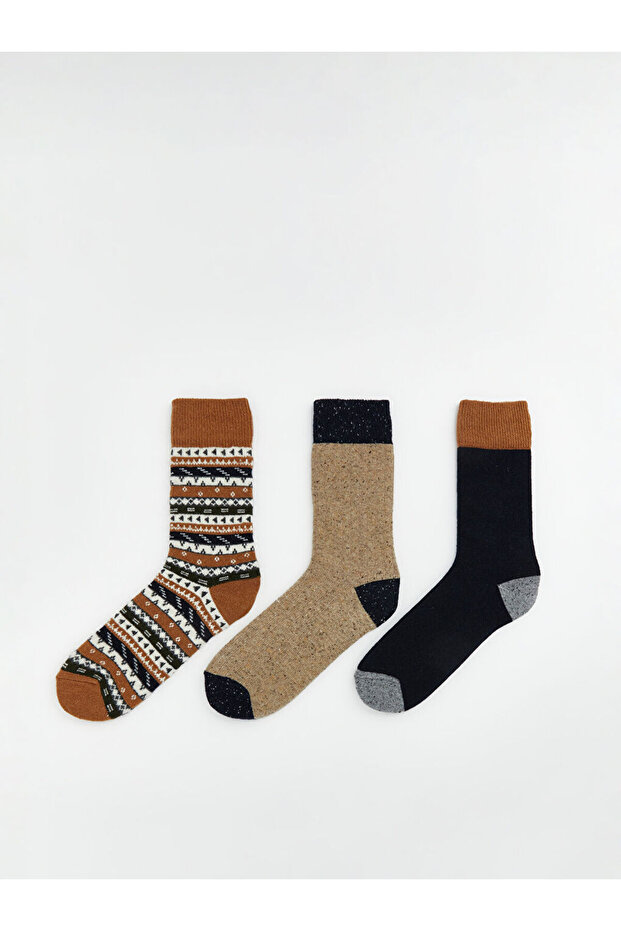 Rmz Gi̇yi̇m Farkiyla Embroidered Wool Blend Men's Socks 3-Piece