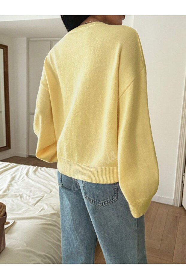 Pulover tricotat pentru femei, galben unt, cu decolteu în V, supradimensionat tricotaje, pulover tricotat Fmoda1970 - 6
