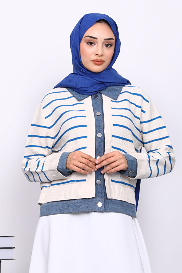 Ecru Buttoned Denim Detailed Knitwear Cardigan