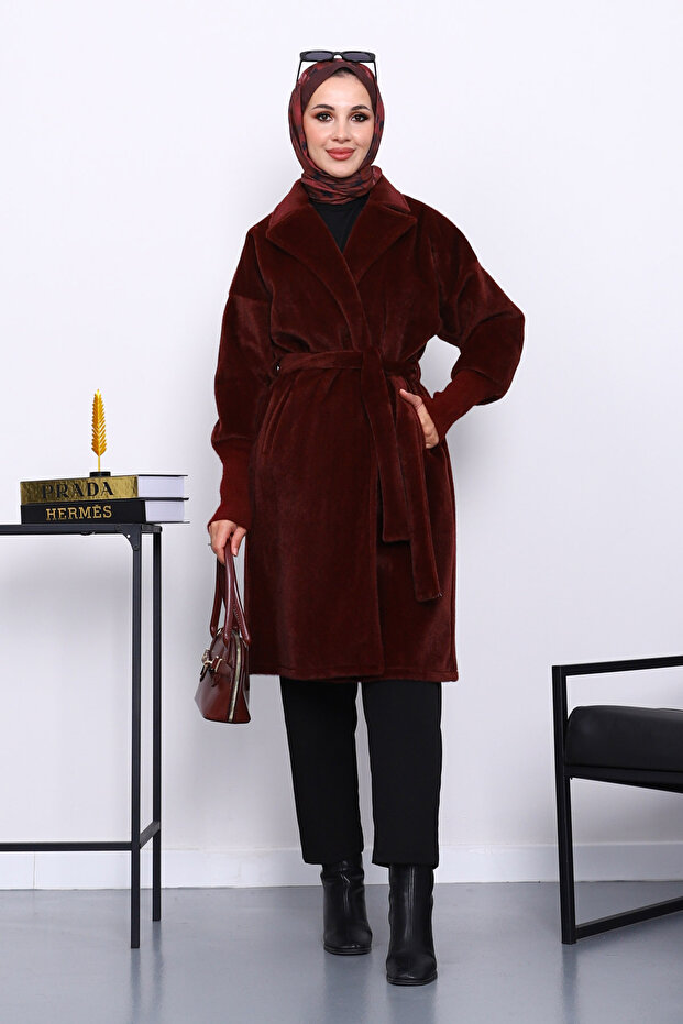 Burgundy Belted Angora Coat with Double Pockets