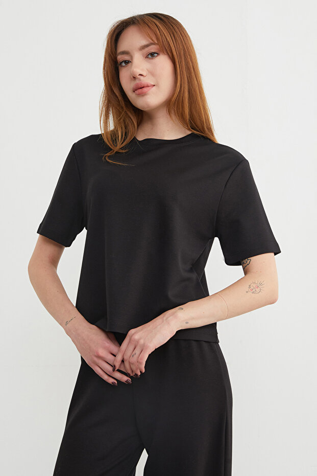 Basic Bisiket Yaka Modal Tişört - 1