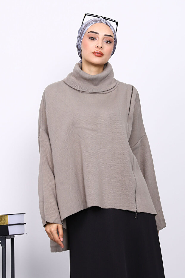 Light Khaki Turtleneck Zippered Knit Sweater