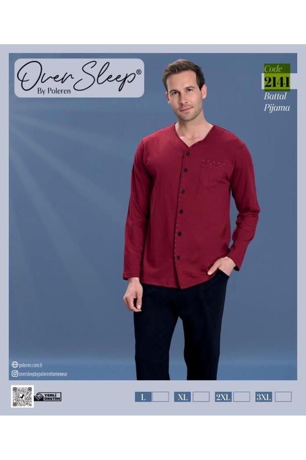 Over sleep 2141 burgundy button-up collarless shirt pajama set