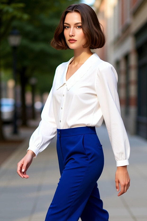 Women's Embroidered B Peter Pan collar Regular Fit Long Sleeve Cotton Woven Shirt and Elegance Modern